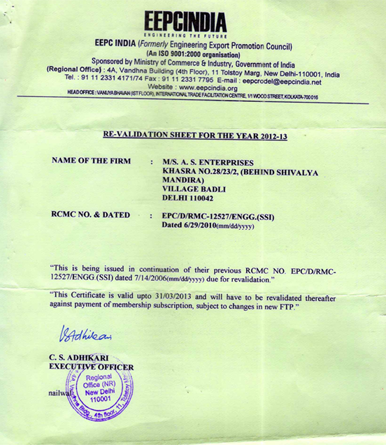 A S Enterprises
 EEPC India Certificate 2